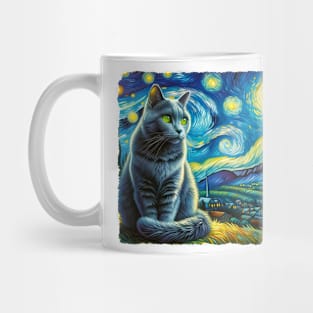 Russian Blue Starry Night Inspired - Artistic Cat Mug